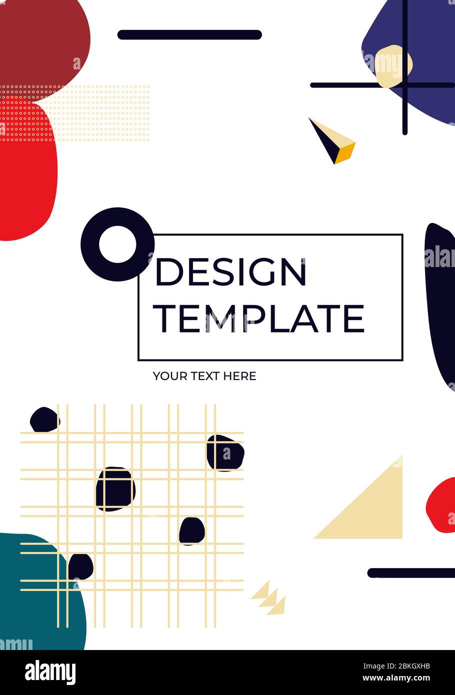 Cover memphis vertical template closeup with space for text. Geometric trendy art element and abstract different shape background. Great for magazine, pattern cover poster, banner. Vector illustration Stock Vector
