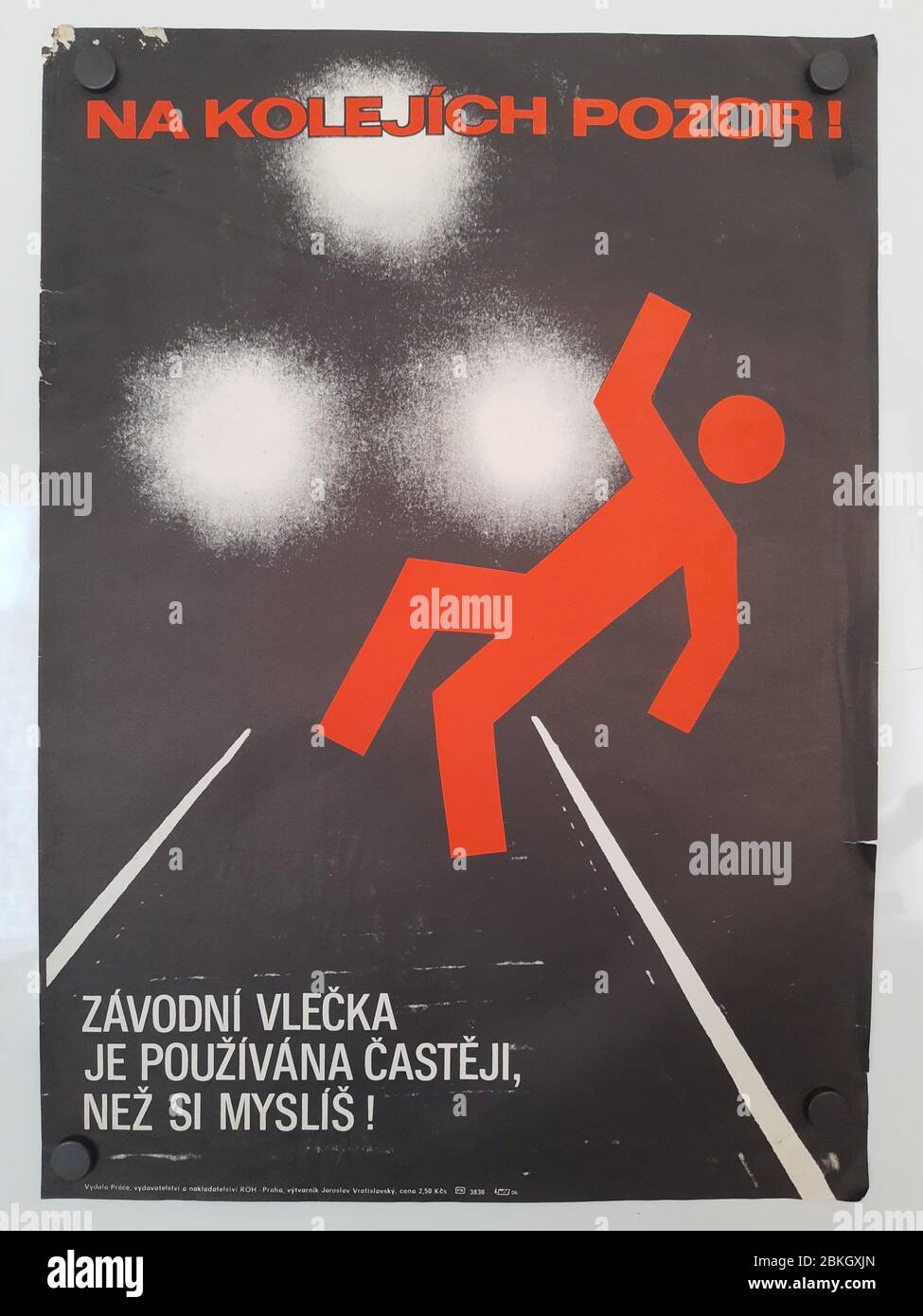Careful on railtrack! Hit by train. Soviet union (Czech) work safety posters from 70´s. Stock Photo