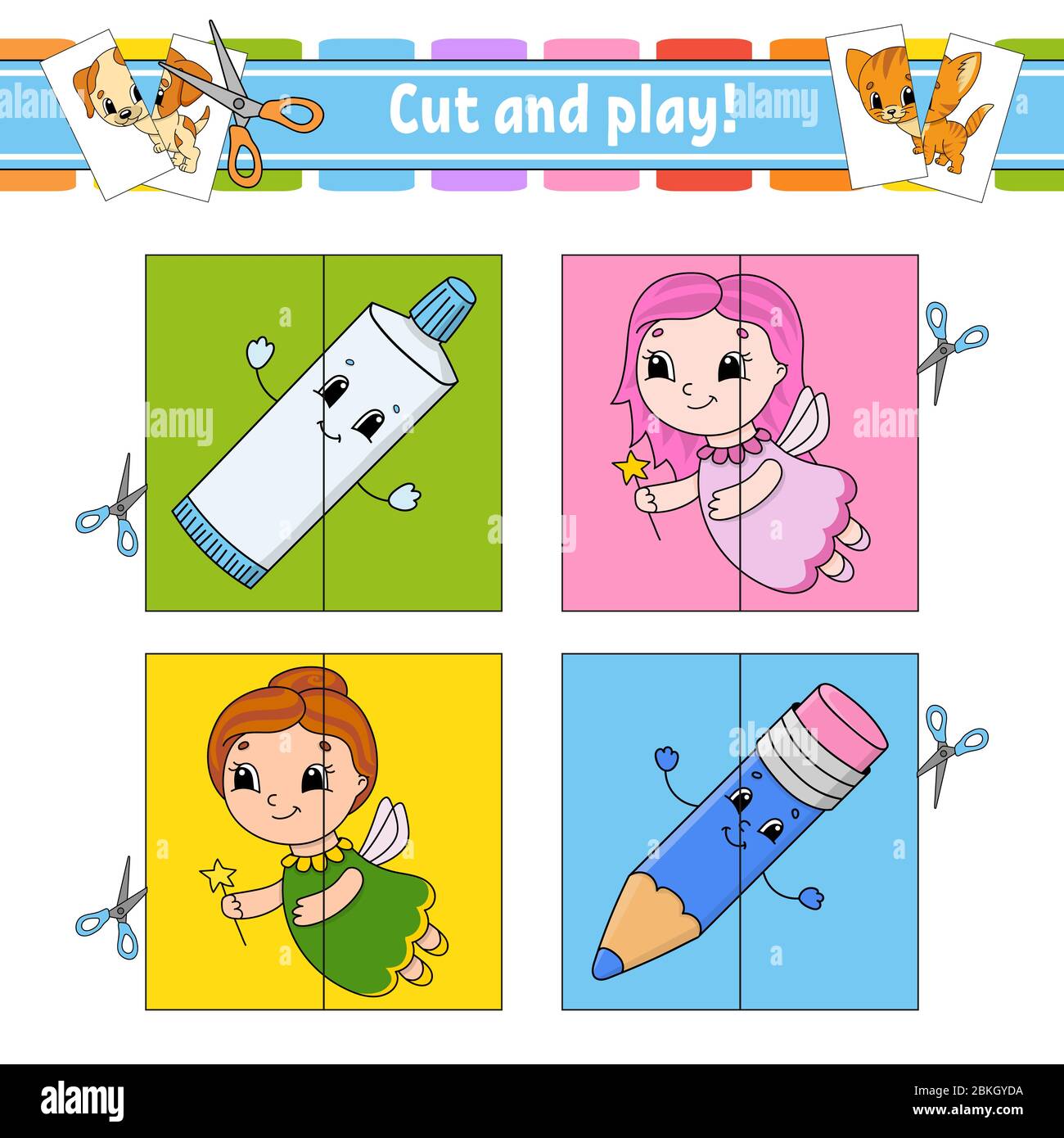 Cut and play. Flash cards. Color puzzle. Toothpaste, fairy, pencil. Education developing worksheet. Activity page. Game for children. Funny character. Stock Vector