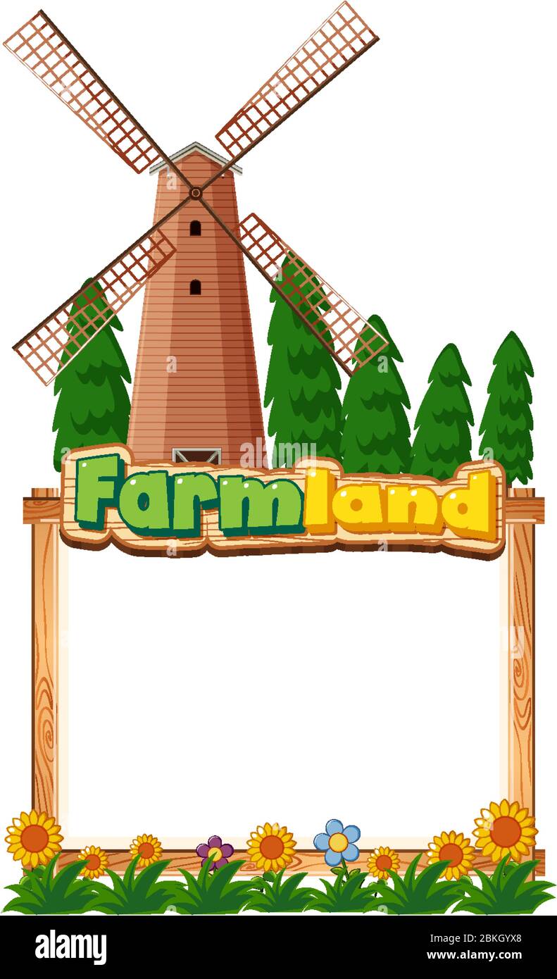 Border template design with windmill and trees on the farm illustration