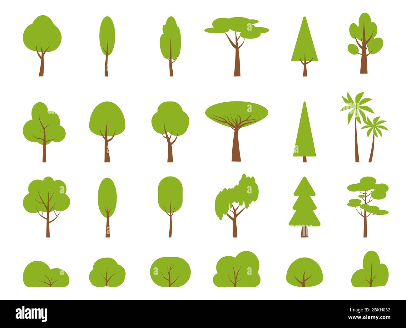 Green spring cartoon trees, bushes flat icon set. Simple different