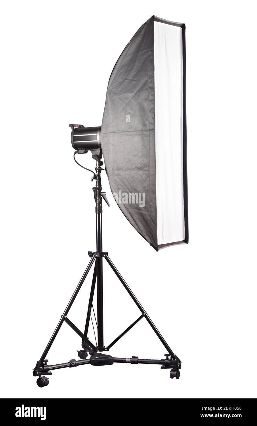Photo studio lighting stands with flash and softbox isolated on the