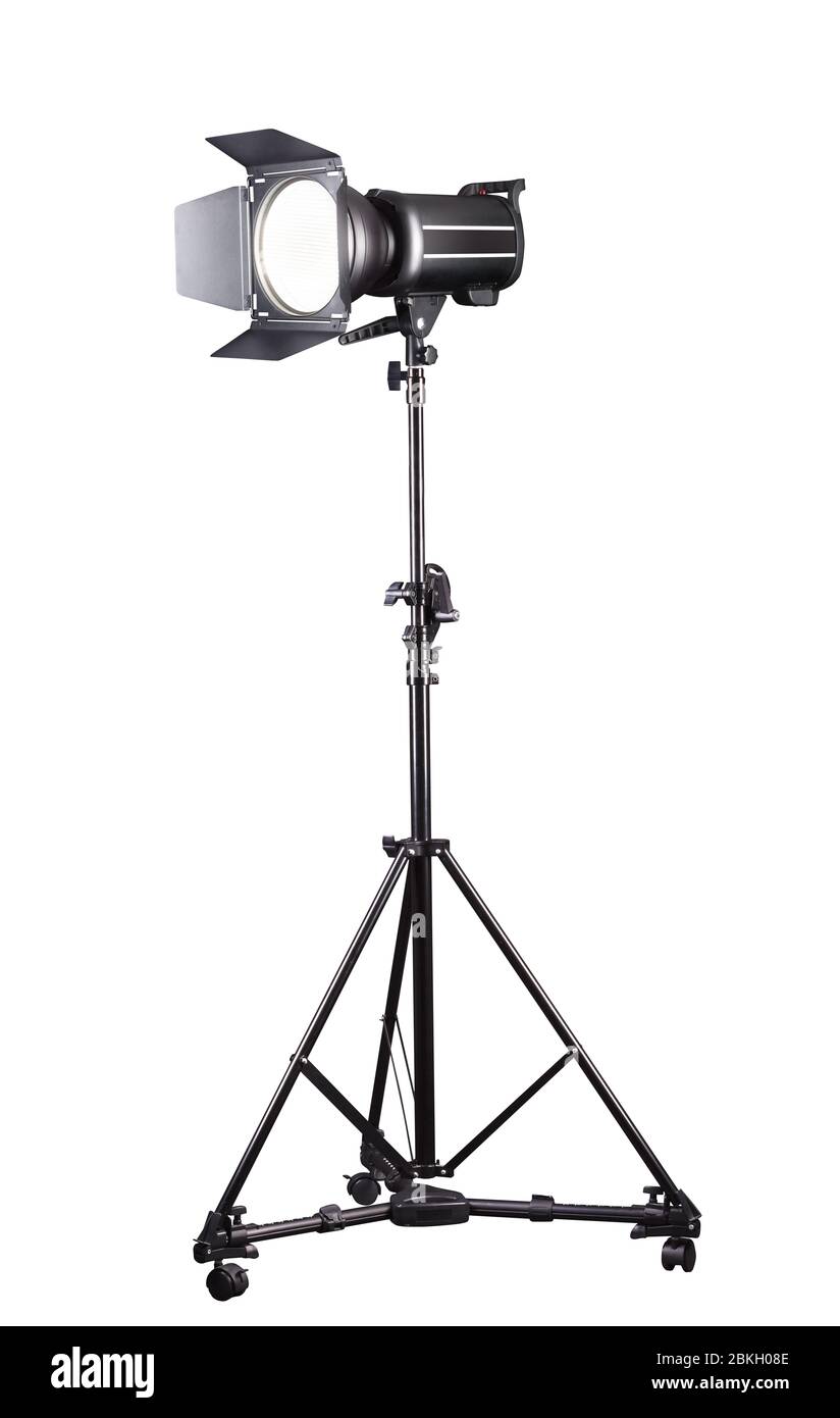Photography studio flash on a lighting stand isolated on white