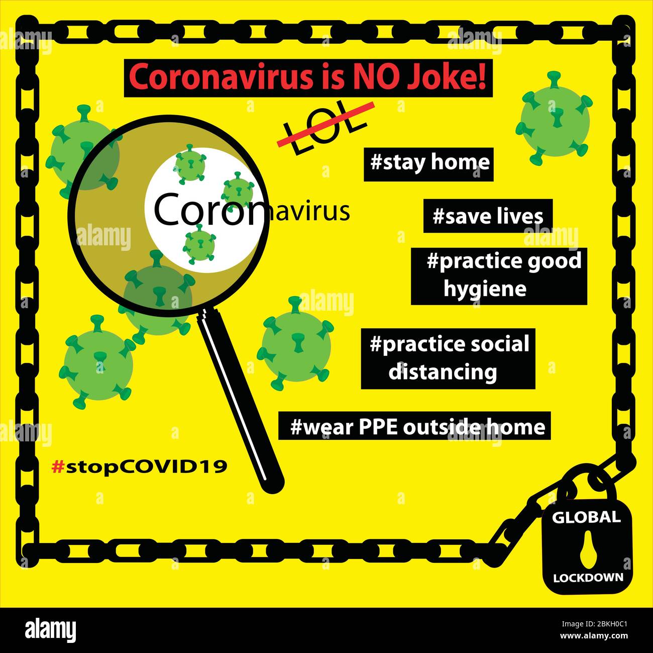 yellow corona virus info-graph with preventative care tips to control the spread of the virus because corona is no joke it caused a global lock down Stock Vector