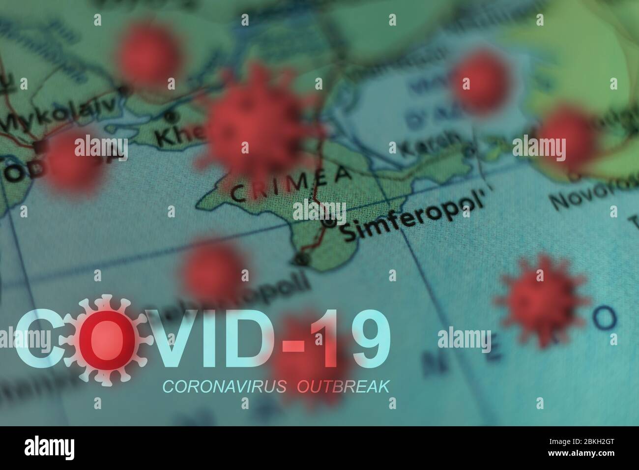 Covid-19 outbreak or new Coronavirus, 2019-nCoV, virus on a map of Crimea, Simferopol. Covid 19-NCP virus: contagion and propagation of disease in tow Stock Photo