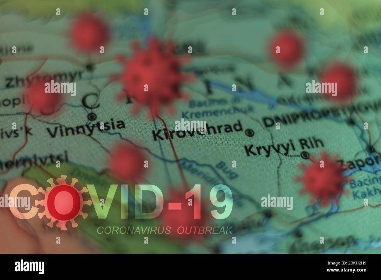 Covid-19 outbreak or new Coronavirus, 2019-nCoV, virus on a map of Ukraine, Kirovograd. Covid 19-NCP virus: contagion and propagation of disease in to Stock Photo