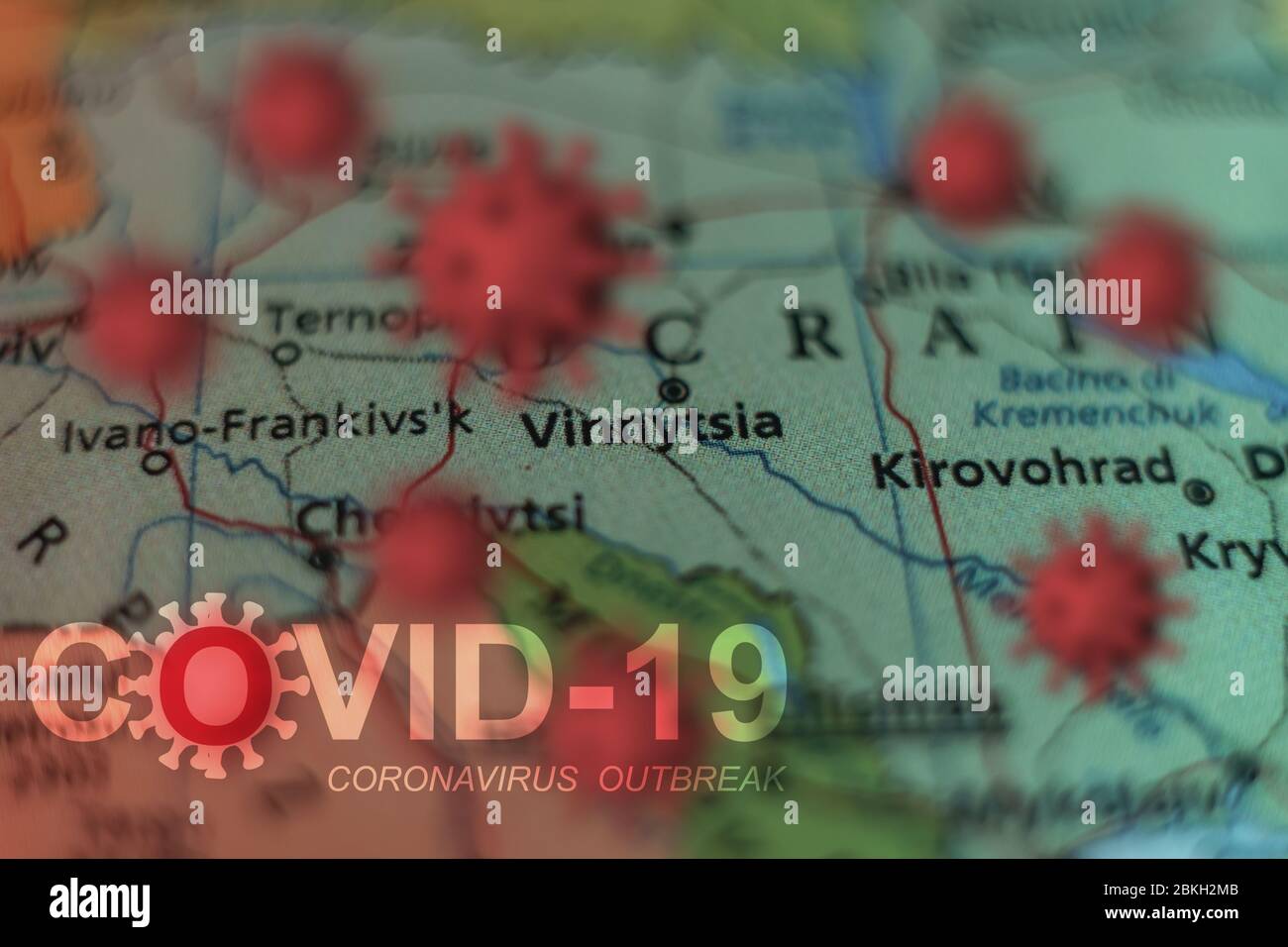 Covid-19 outbreak or new Coronavirus, 2019-nCoV, virus on a map of Ukraine, Vinnytsia. Covid 19-NCP virus: contagion and propagation of disease in tow Stock Photo
