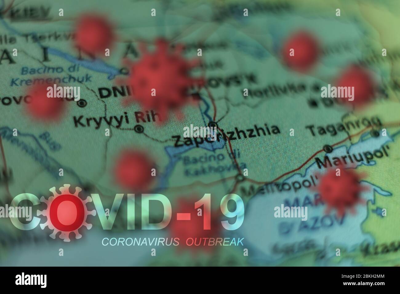 Covid-19 outbreak or new Coronavirus, 2019-nCoV, virus on a map of Ukraine, Zaporizhia. Covid 19-NCP virus: contagion and propagation of disease in to Stock Photo