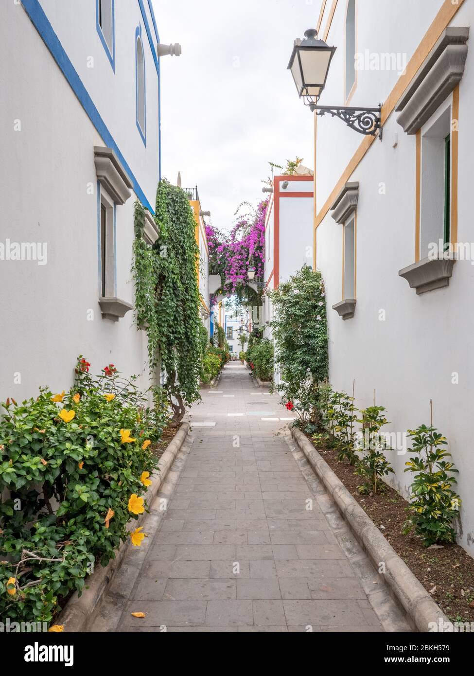 The colourful alleyways and fisherman's villages in the old district of Puerto de Mogan on the south coast of the Canary Island of Gran Canaria. Stock Photo