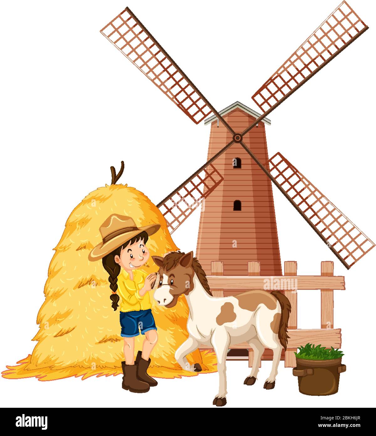Scene with girl and horse on the farm illustration Stock Vector Image ...