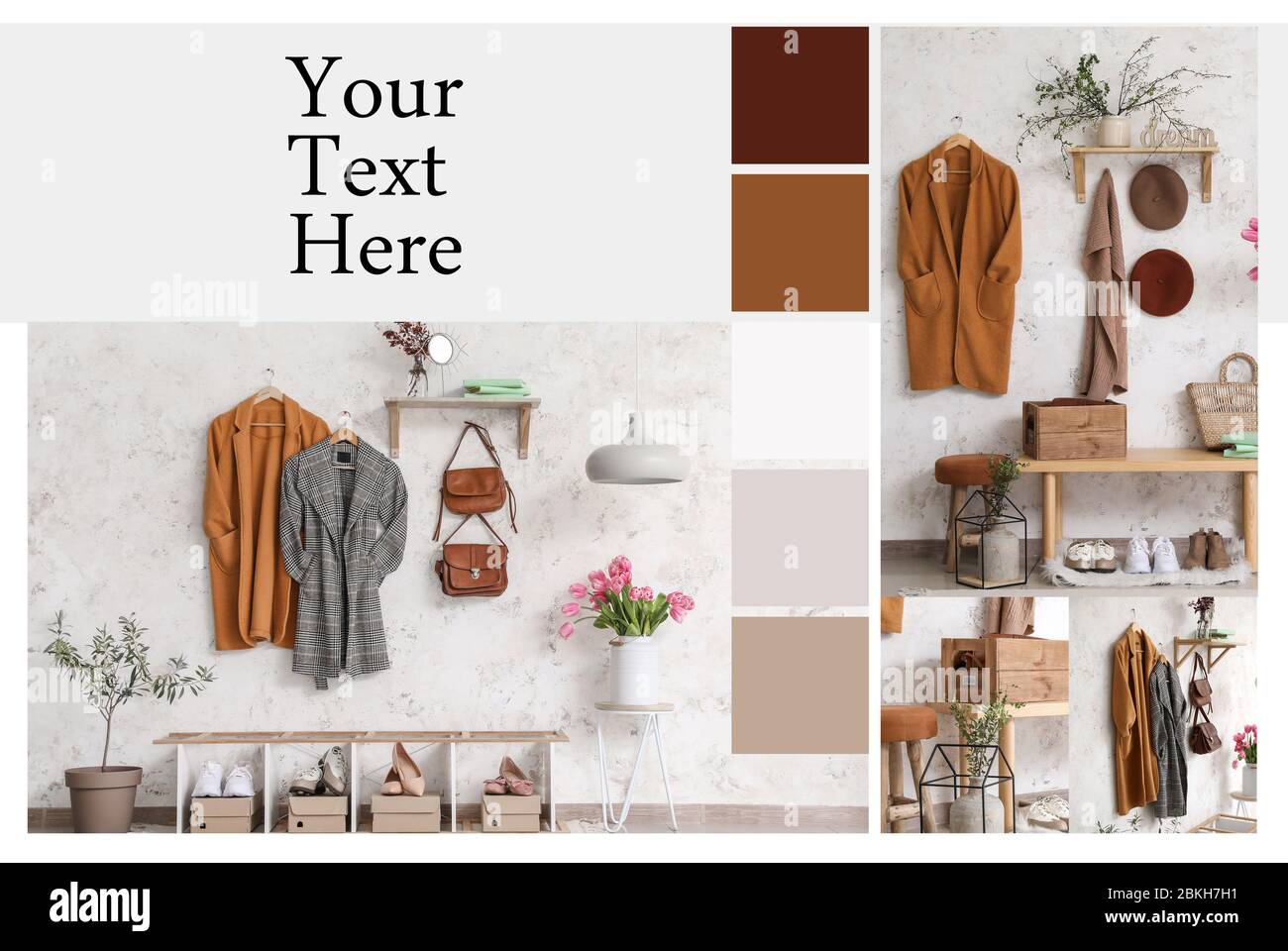 Collage of photos with modern interior of hall and space for text ...