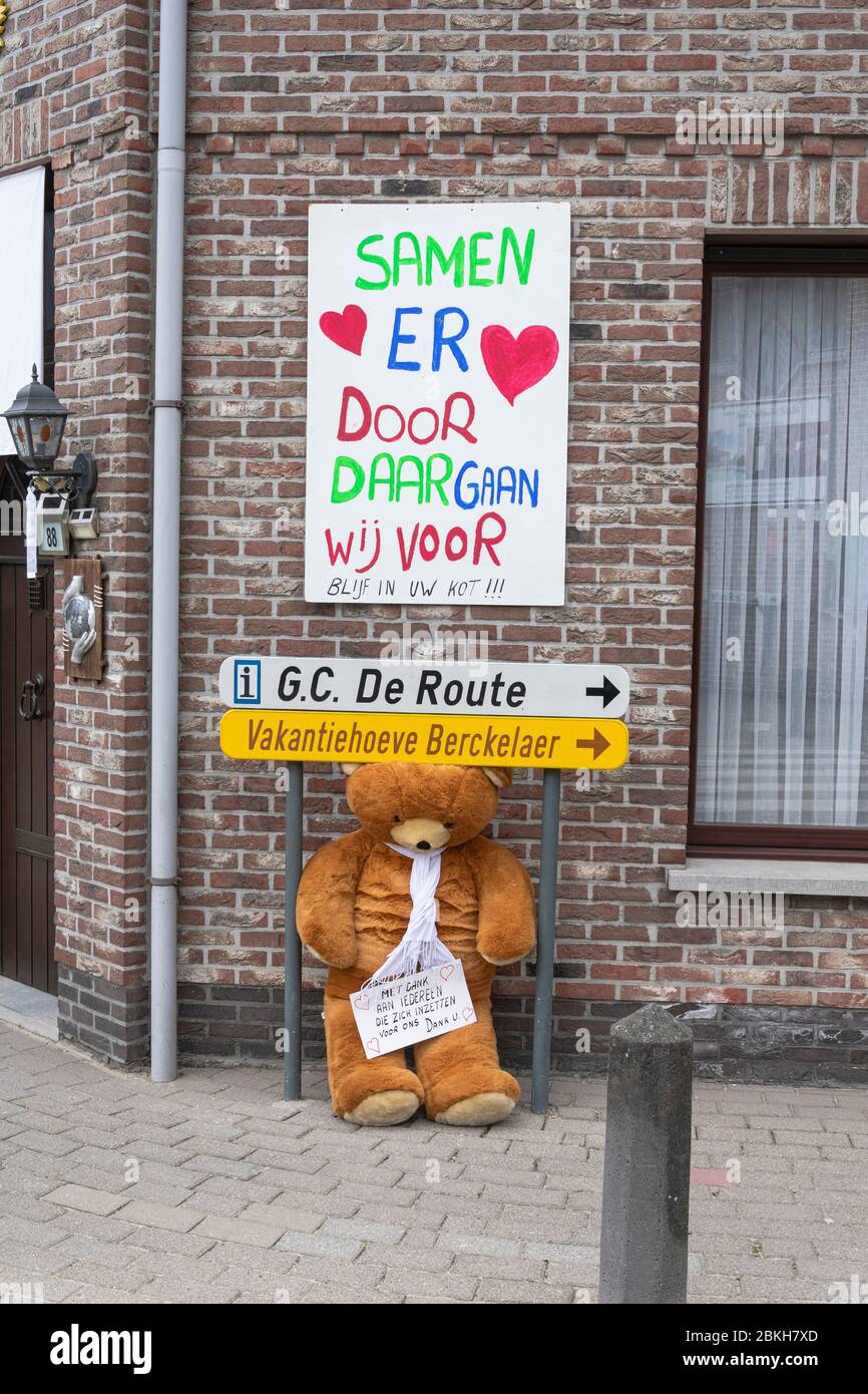 Sint Gillis Waas, April 12, 2020, during the corona crisis covid19, people write messages on canvas to support the medical sector Stock Photo