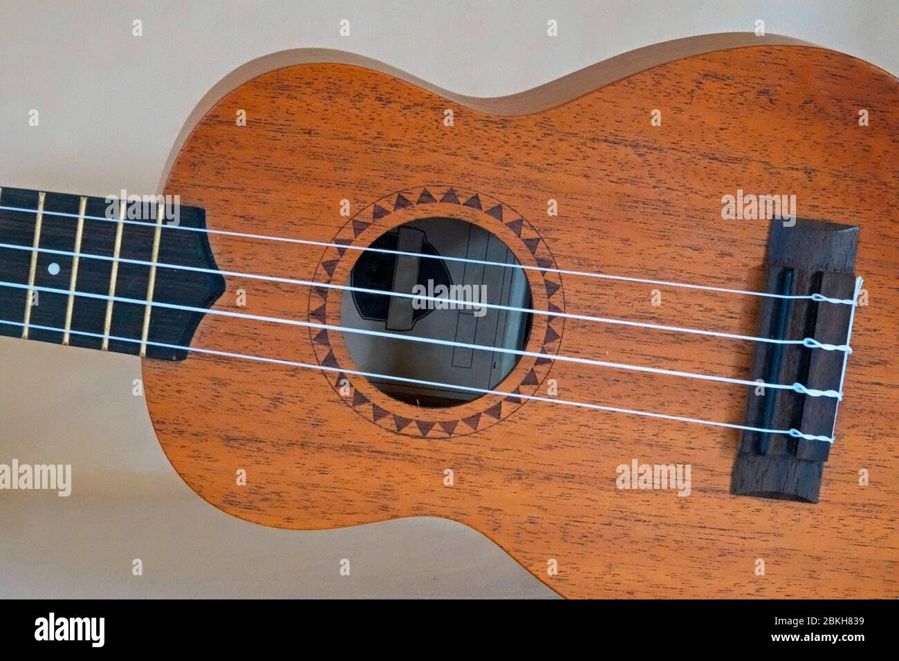 Detail of a professional quality Ukelele, or Ukulele, a musical instrument first developed by the Hawaiians in the 1800s. Stock Photo