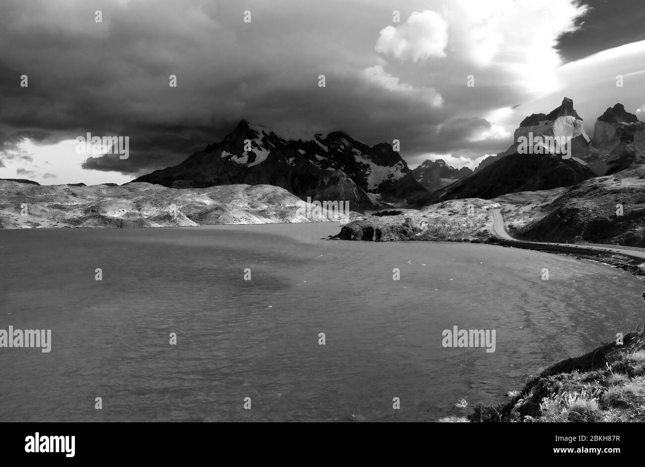Black and withe picture of  Pehoe Lake during  a storm in Torres del Paine national park, Patagonia, Chile. Stock Photo