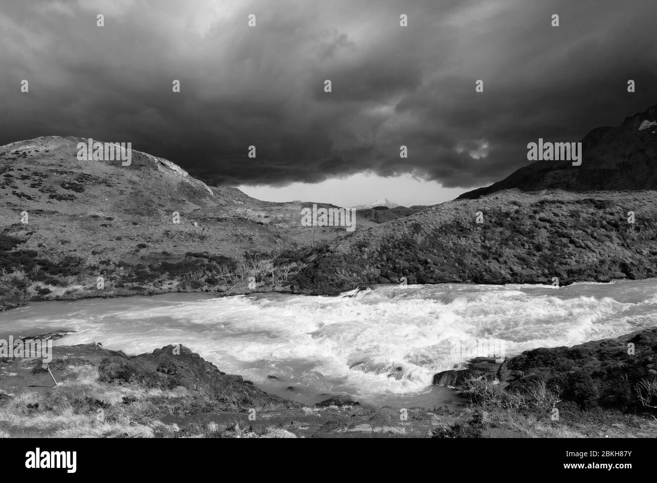 Dramatic sky over waterfalls in Torres del Paine National Oark, Patagonia, Chile Stock Photo