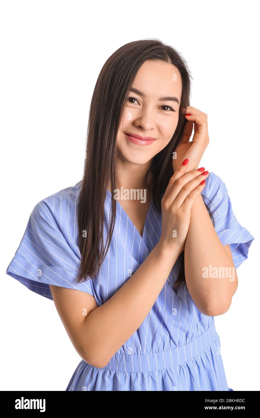Portrait of beautiful young woman on white background Stock Photo - Alamy