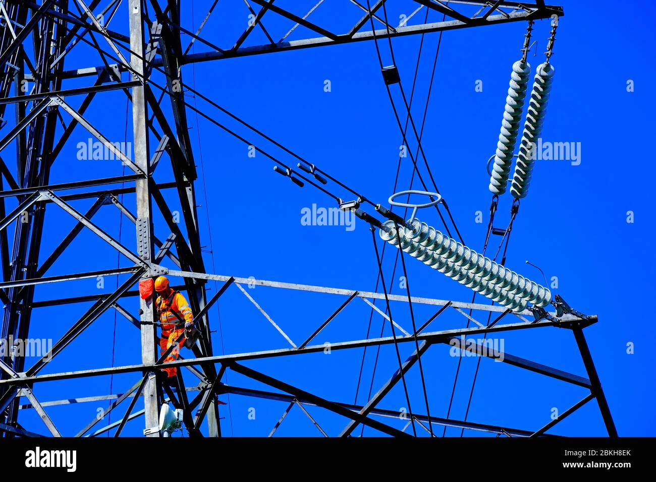 Electricity power engineers working on a pylon in detail Stock Photo