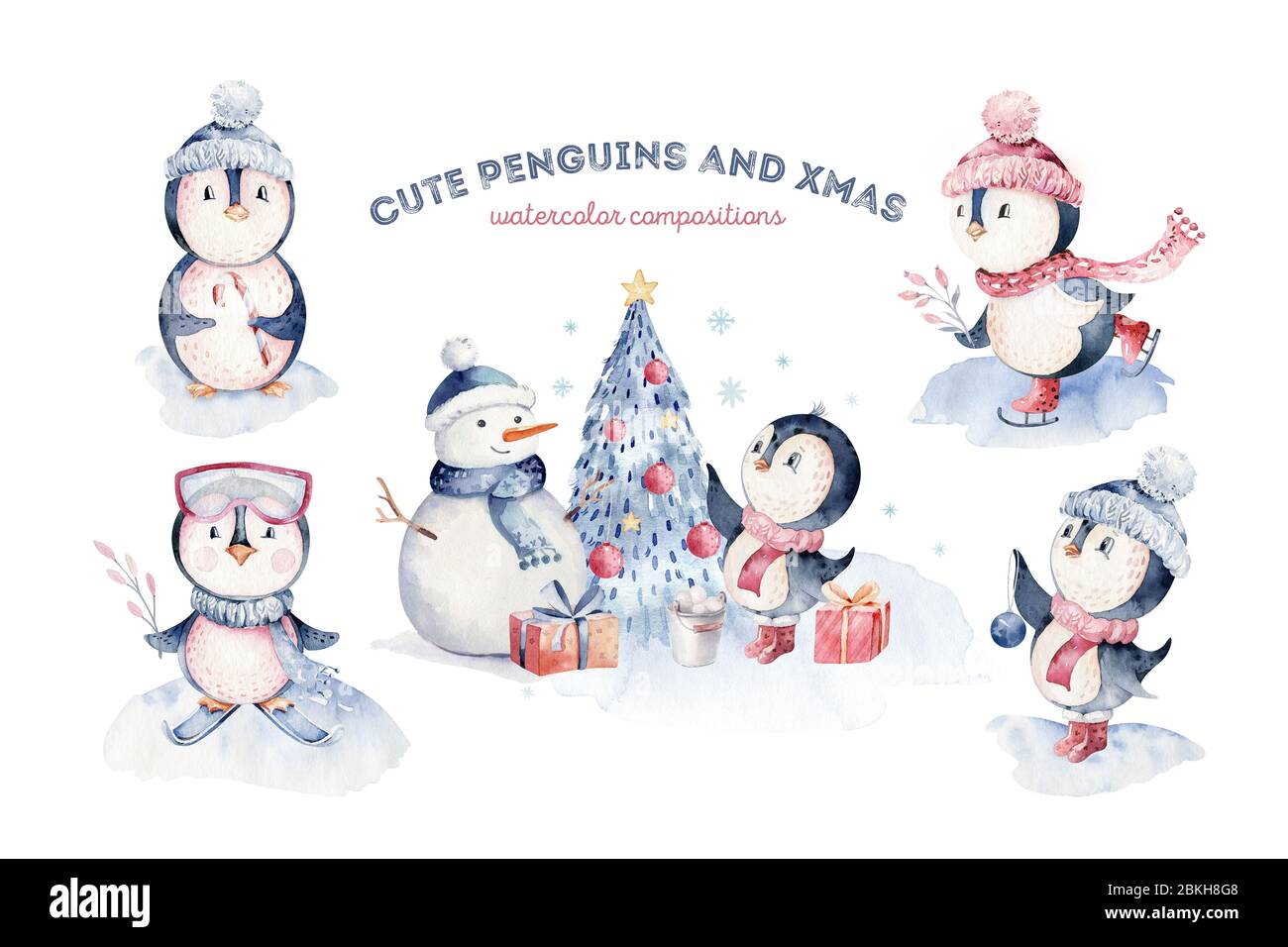 Watercolor merry christmas character penguin illustration. Winter cartoon  isolated cute funny animal design card. Snow holiday xmas penguins Stock  Photo - Alamy