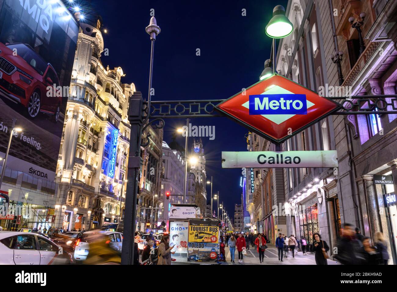 Looking along the Gran Via, in the heart of Madrid's shopping  district,  towards the Telefonica building,  from Callao metro station.  Madrid, Spain Stock Photo