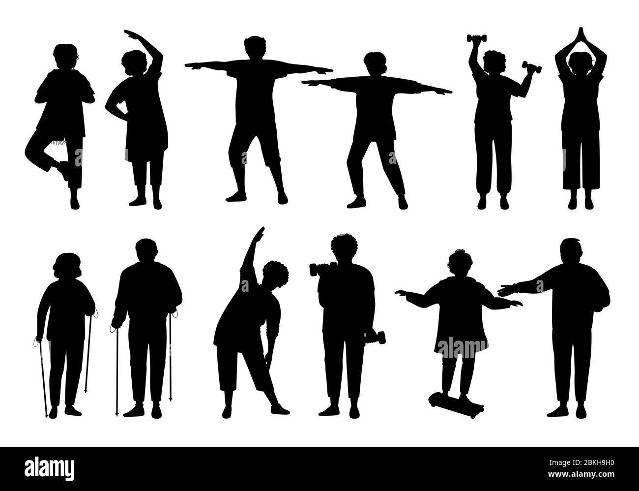 Healthy active lifestyle older people, black flat silhouette set. Sport  retiree grandparent. Glyph elderly people doing morning exercises,  gymnastics. Monochrome old men and women. Vector illustration Stock Vector  Image & Art -