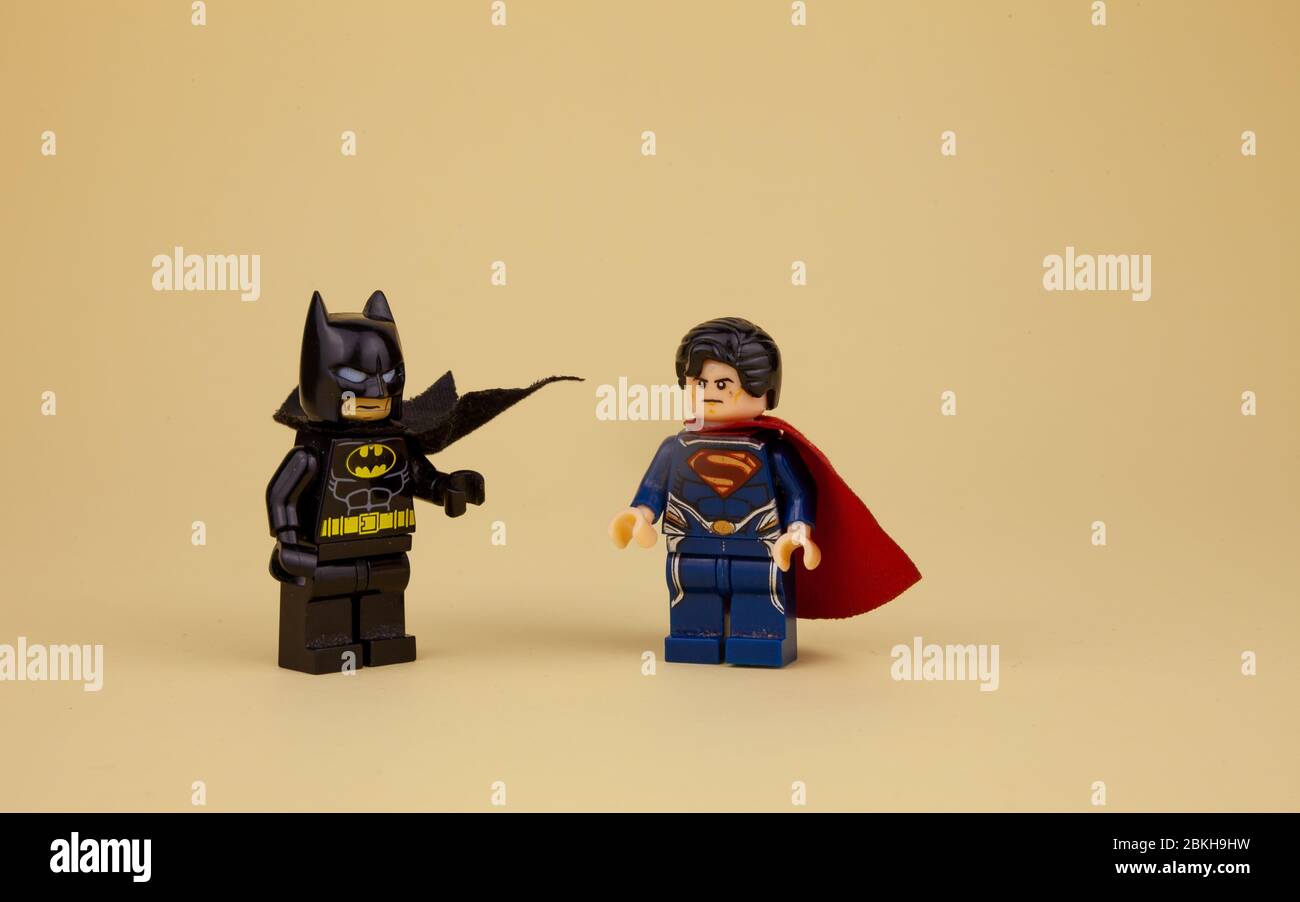 Ukraine, Kyiv - April 6, 2020: lego minifigures. Batman and Superman.  Children's designer with superheroes. Yellow background with place for text  Stock Photo - Alamy