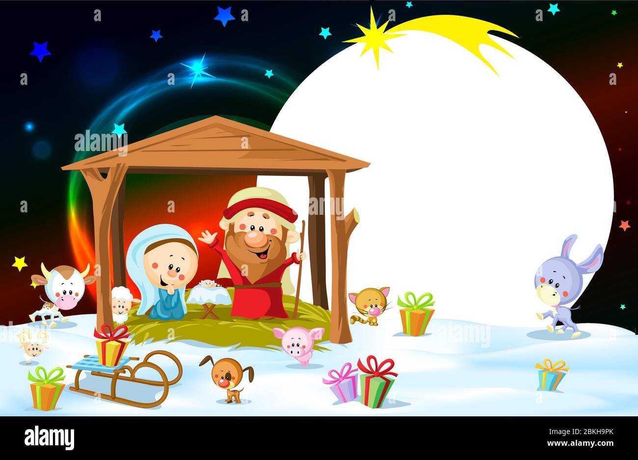 Nativity in Bethlehem with animals - Christmas vector oval frame illustration Stock Vector