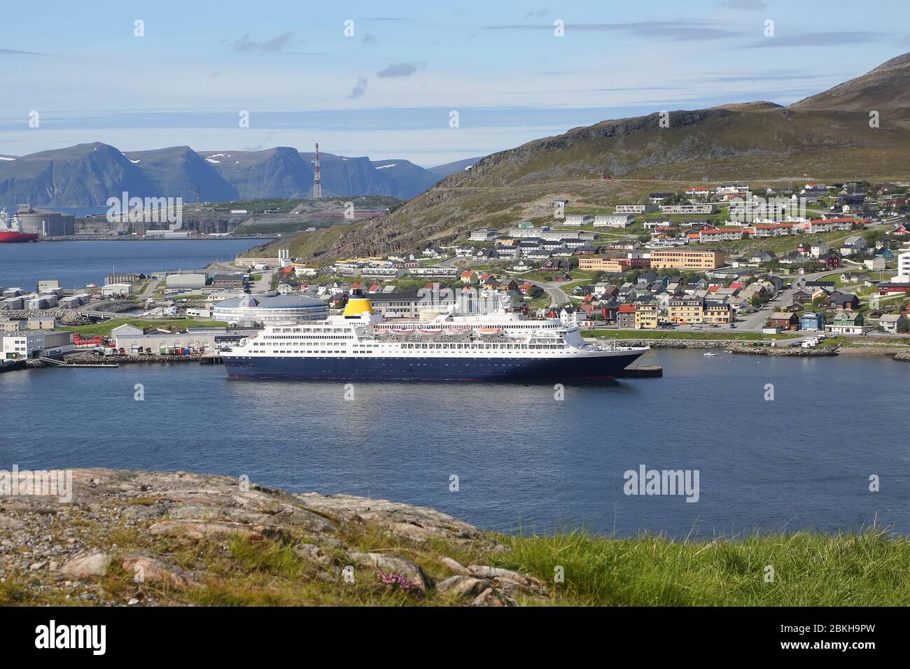 Cruise ship docked in the port of Hammerfest, the northernmost town in the world with more than 10,000 inhabitants, Troms og Finnmark county, Norway Stock Photo