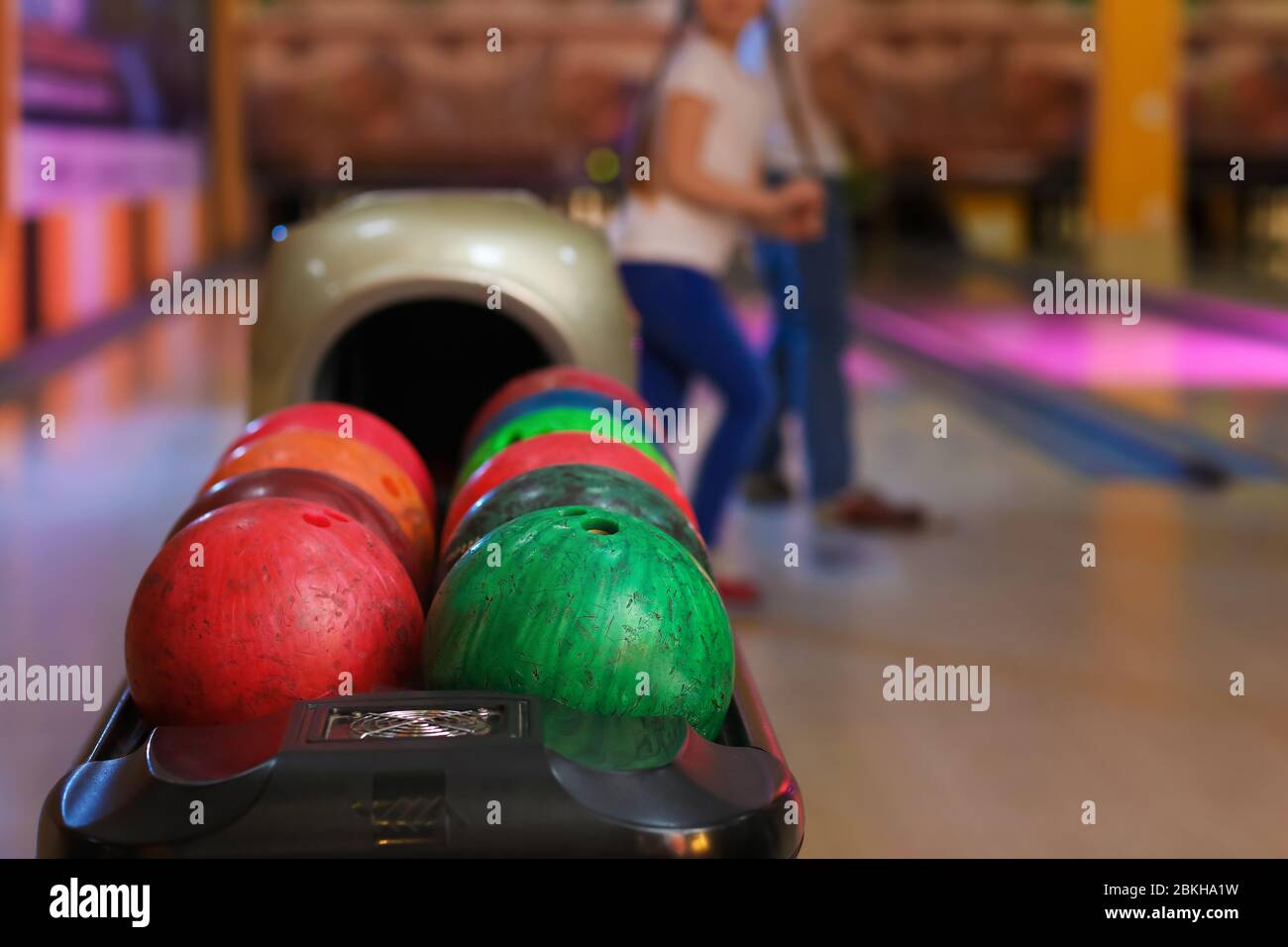 Stand with balls in bowling club Stock Photo Alamy