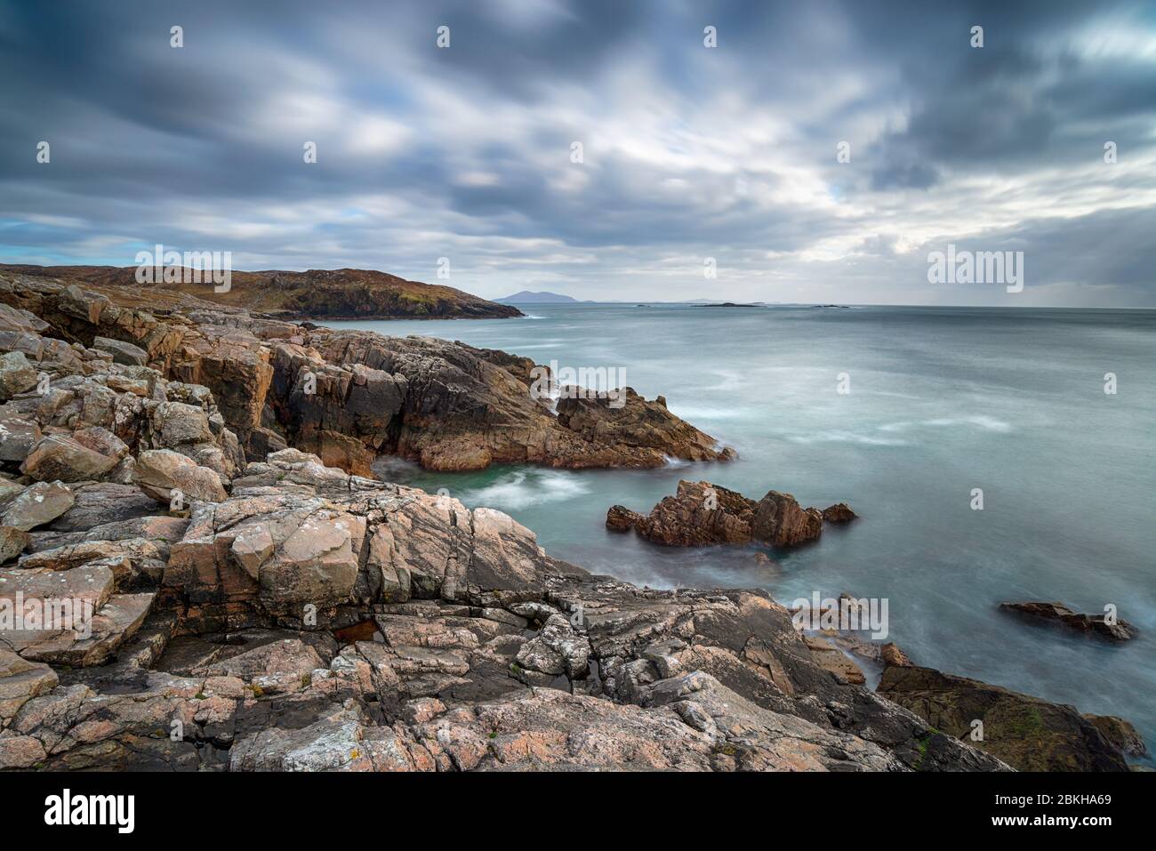 A long exposure of the rocky coastlone at Hushinish on the Isle of Harris in the Wetern isles of Scotland Stock Photo