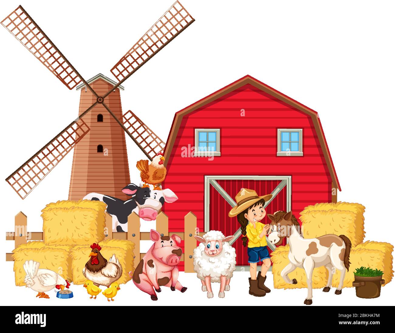 Scene with farmer and many farm animals illustration Stock Vector Image ...