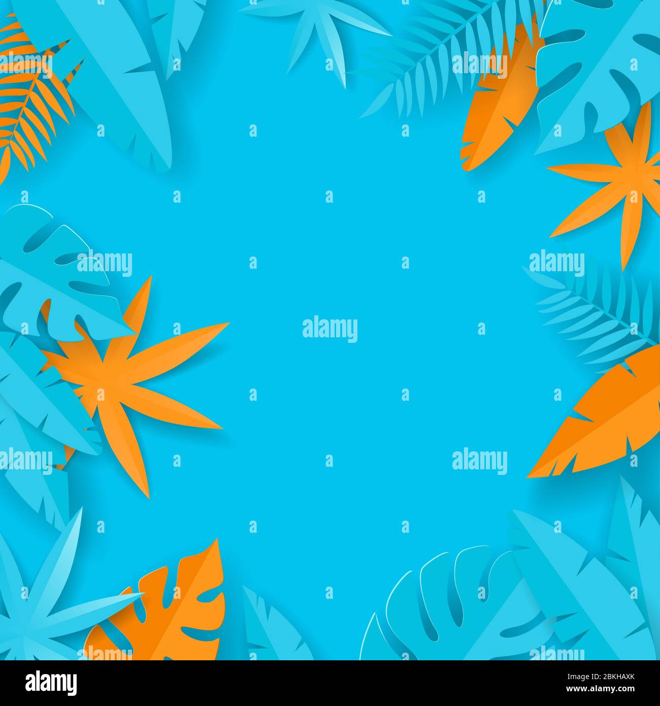 Tropical summer leaves - paper art - blue and orange summer background Stock Vector