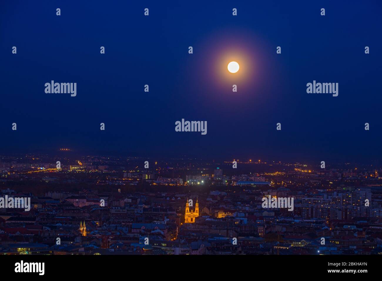 Views of Budapest from the Citadella- moonrise over Pest, Budapest, Central Hungary, Hungary Stock Photo