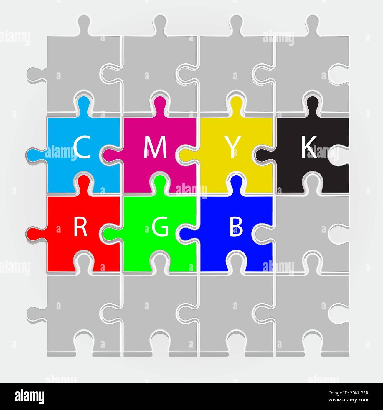 The color scheme CMYK and rgb depicted in four puzzles. Quality vector. Stock Vector