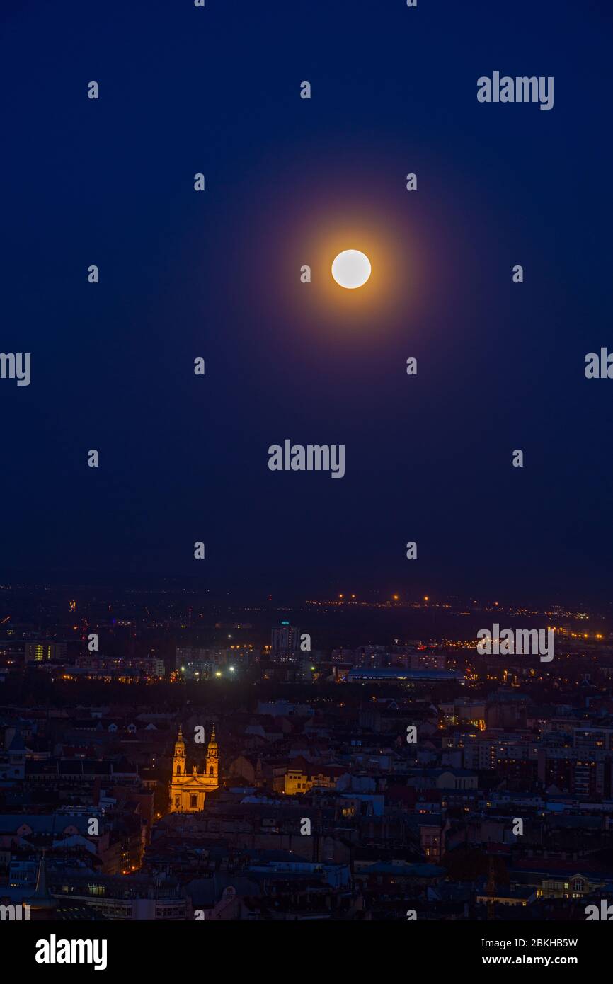 Views of Budapest from the Citadella- moonrise over Pest, Budapest, Central Hungary, Hungary Stock Photo