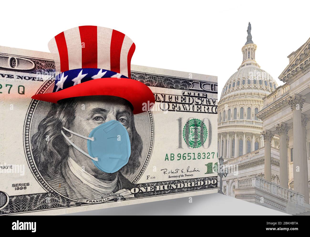 Benjamin Franklin wearing N95 face mask in Washington DC. Stock Photo