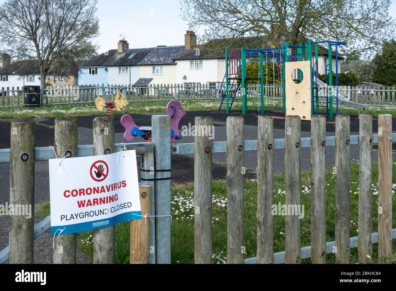 Children's playground with a closed sign due to the coronavirus covid-19 pandemic lockdown in 2020, UK Stock Photo