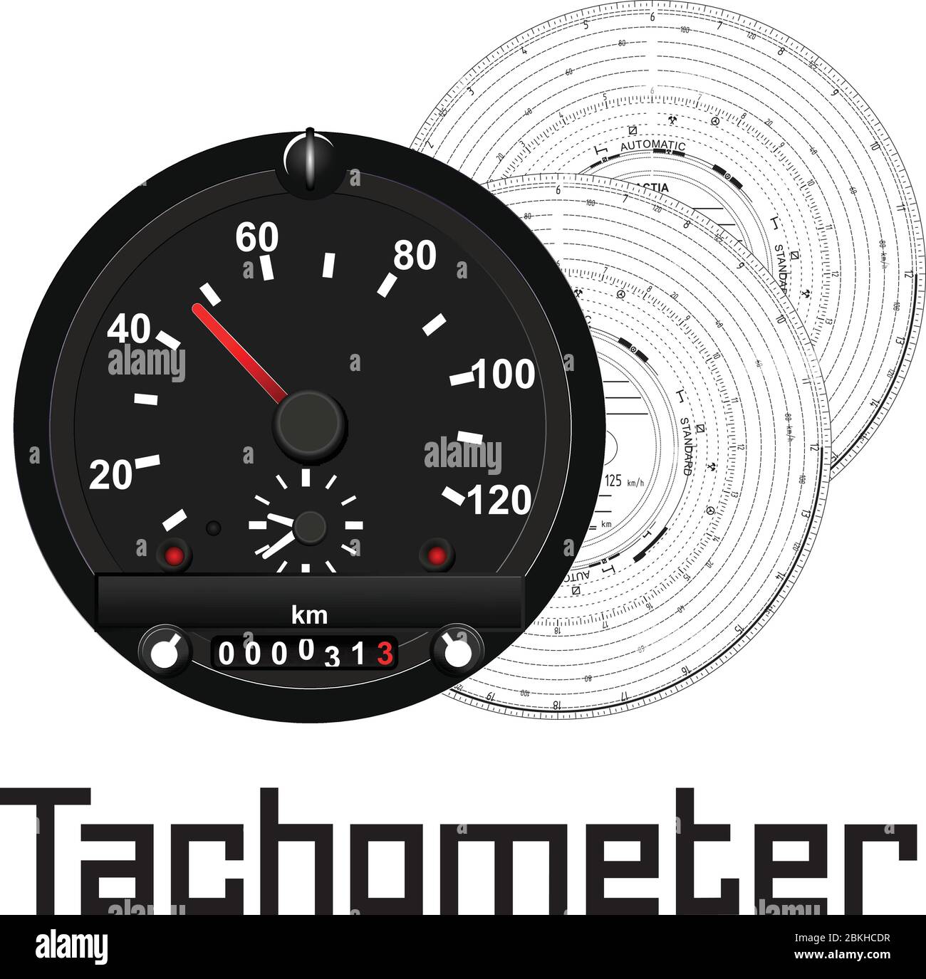 A tachometer is a measuring device designed to measure the speed of various rotating parts, such as rotors, shafts. Stock Vector