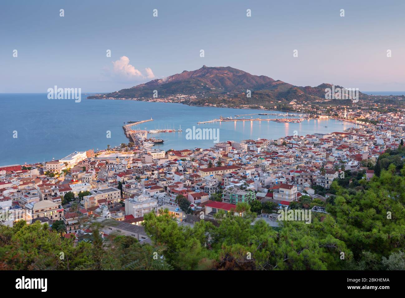 Aerial view of Zakynthos Zante town at sunset. Beautiful cityscape