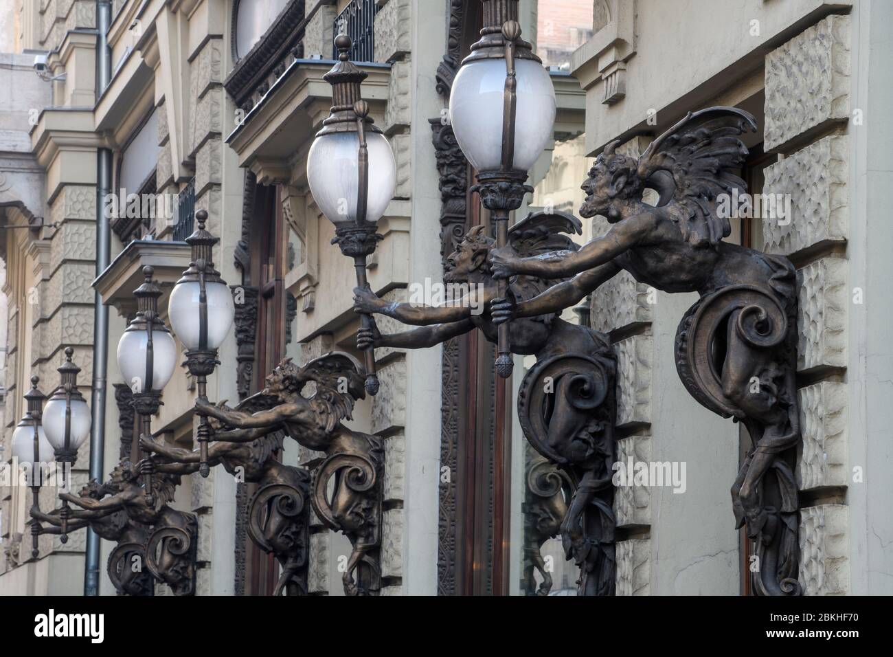 Downtown Budapest (Pest)- gargoyles at the New York Cafe, Budapest, Central Hungary, Hungary Stock Photo