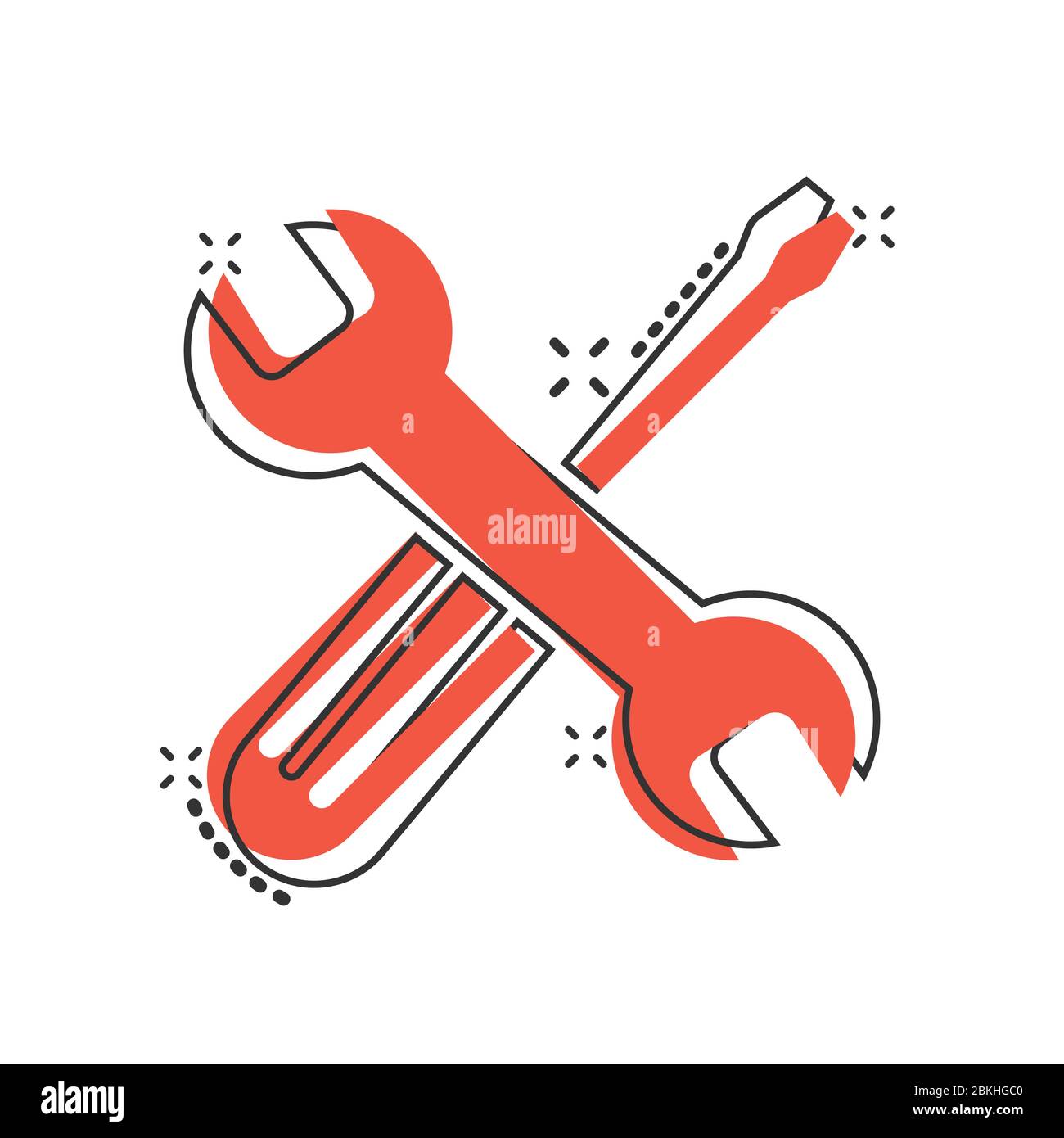 Wrench and screwdriver icon in comic style. Spanner key cartoon vector ...