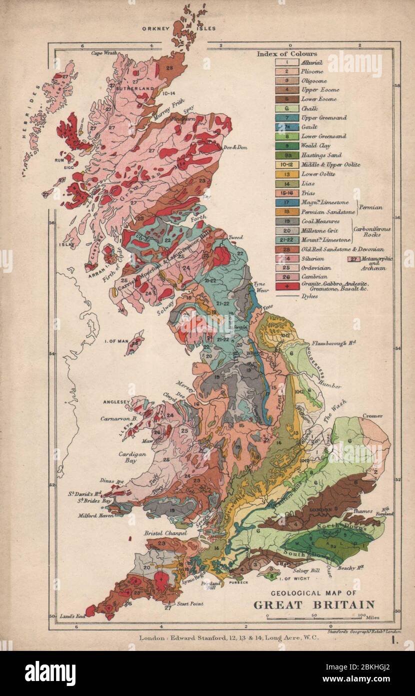 UK Geological map of Great Britain 1907 old antique vintage plan chart Stock Photo