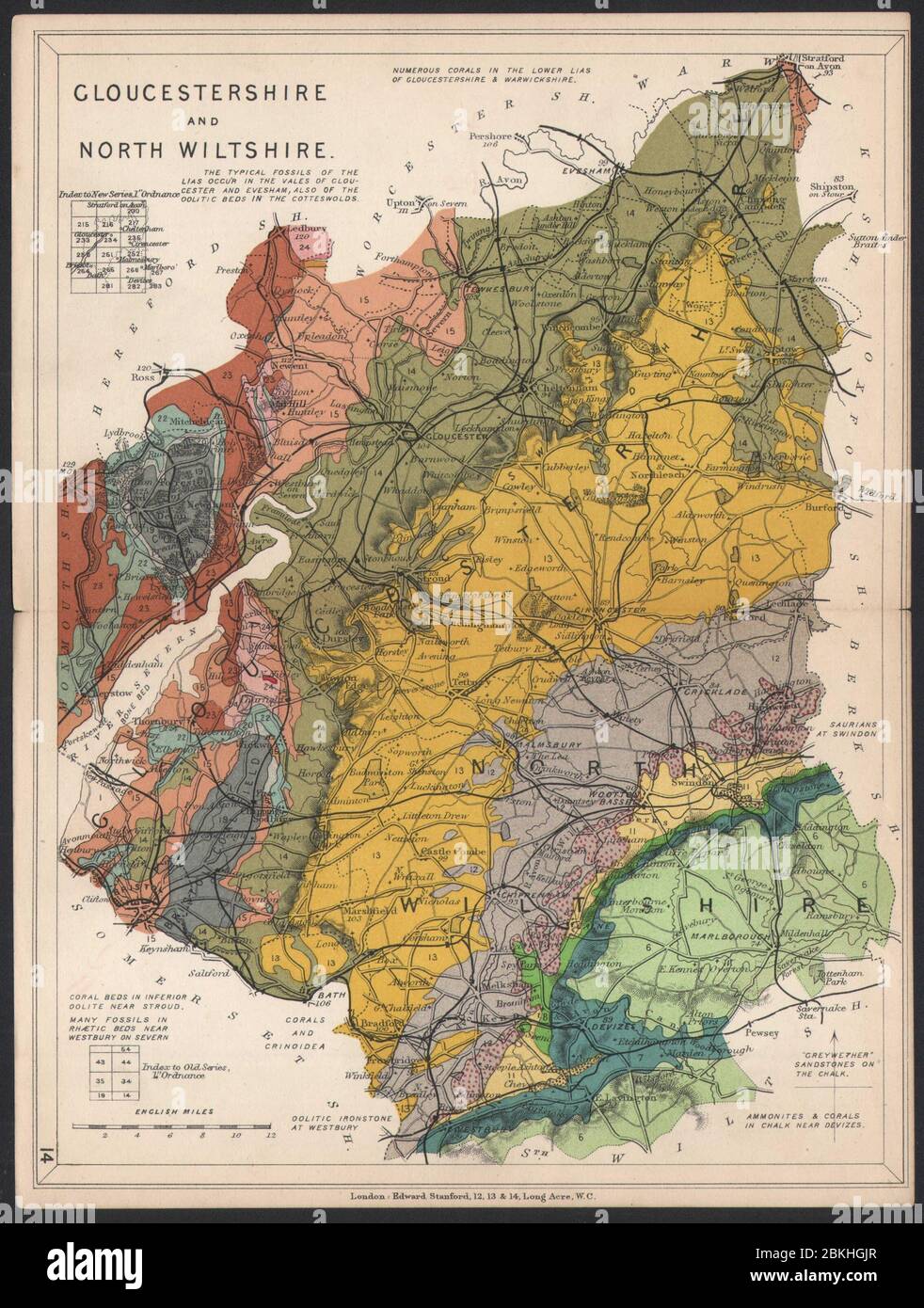 GLOUCESTERSHIRE AND NORTH WILTSHIRE Geological map. STANFORD 1907 old