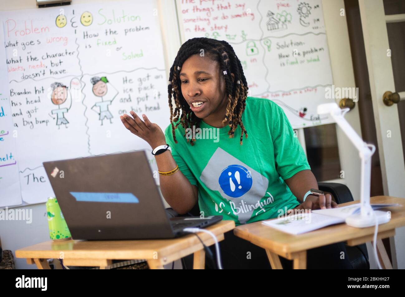 Bowie, Untied States. 04th May, 2020. Imani Baucom, a second grade English teacher at DC Bilingual Public Charter School, teacher her students remotely from her home in Bowie, Maryland, on Monday, May 4, 2020. Schools around the DC Metropolitan region continue to use distance learning programs as the Coronavirus (COVID-19) pandemic leaves schools closed. Photo by Kevin Dietsch/UPI Credit: UPI/Alamy Live News Stock Photo