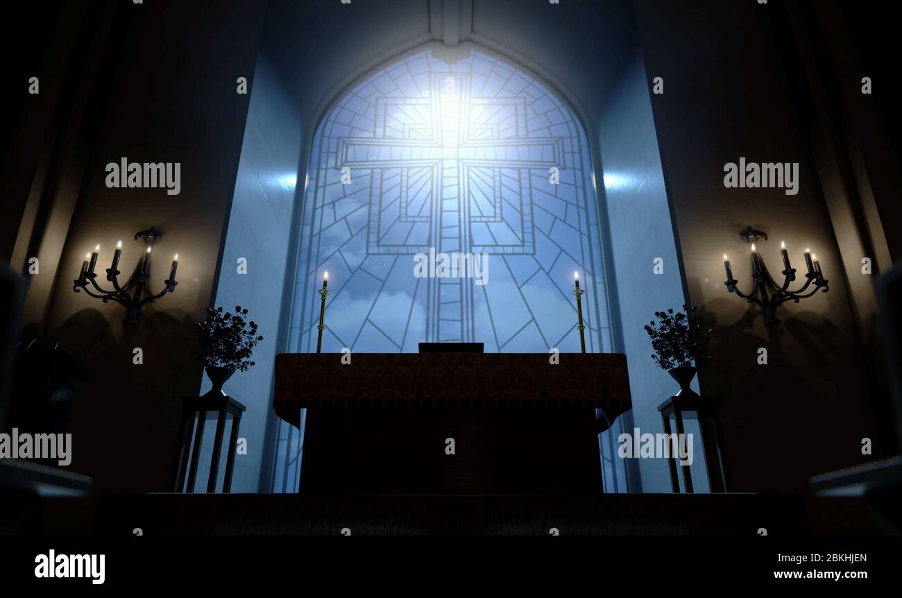 A dark church interior lit by suns rays through a crucifix stained glass window lighting the altar - 3D render Stock Photo
