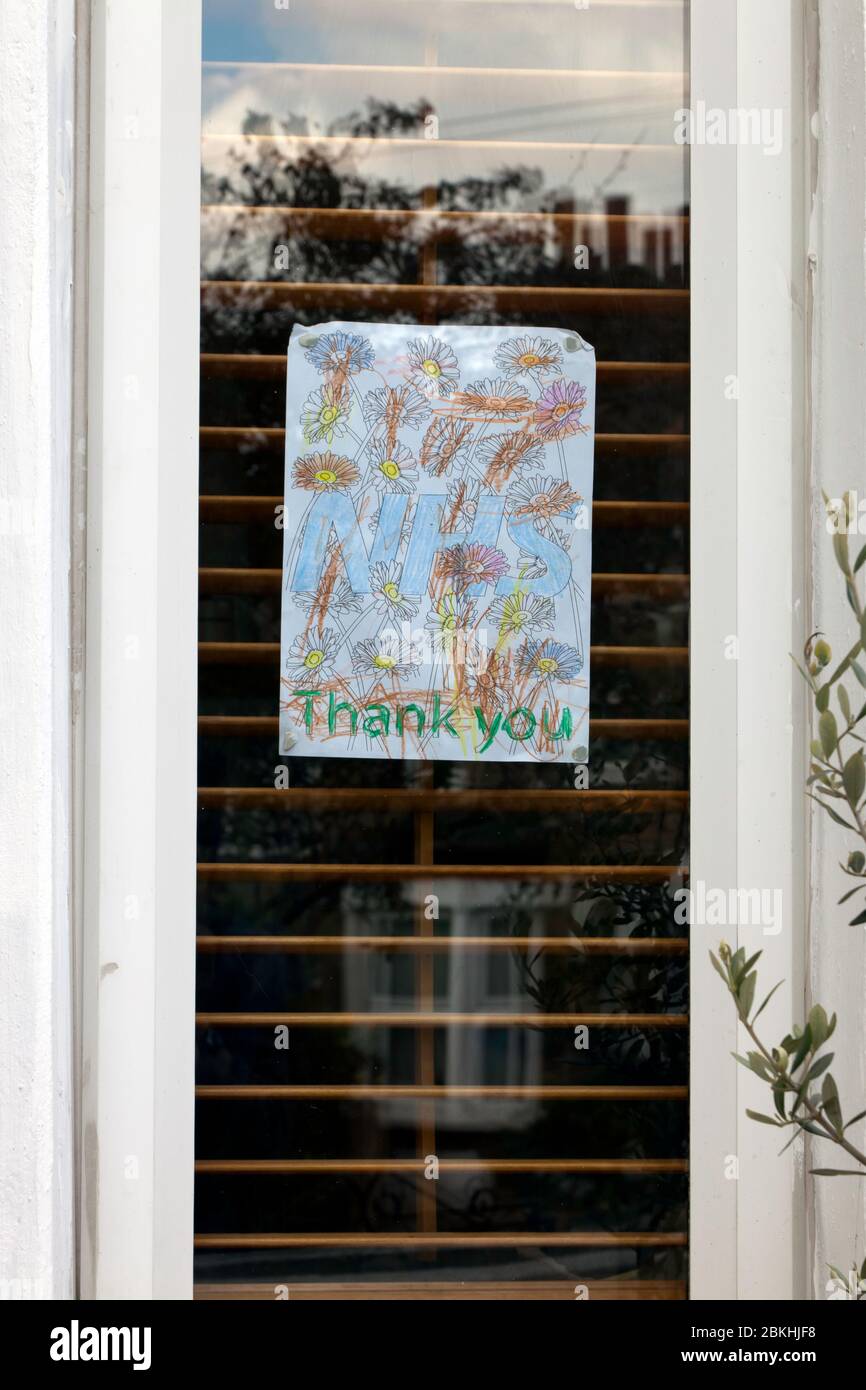 'Thanks you NHS' sign in the window of a Lewisham Home, during the Lockdown Period  for the Covid-19 Pandemic Stock Photo