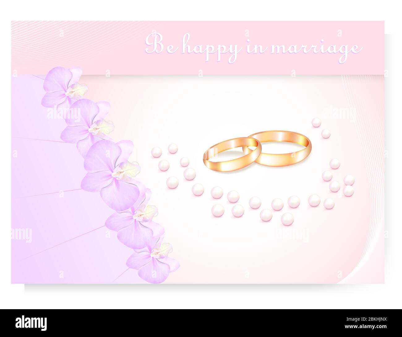 Congratulation on a happy wedding with golden wedding rings, pink orchids, sprinkled pearls on a peach color background Stock Photo