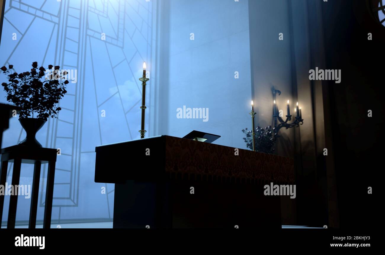 A dark church interior lit by suns rays through a crucifix stained glass window lighting the altar - 3D render Stock Photo