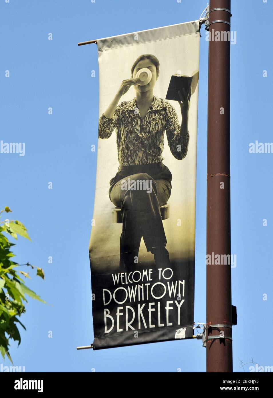 Streetlight banner welcoming visitors to downtown Berkeley, California, USA Stock Photo