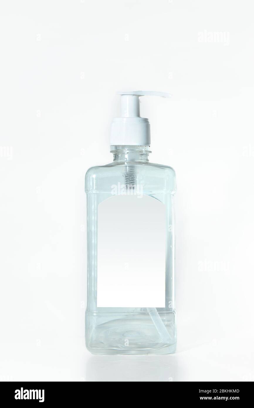 Alcohol Hand Sanitiser Sanitizer, Liquid Hand Wash Bottle Isolated on White Background, Coronavirus / Label space for writing, write your own text Stock Photo