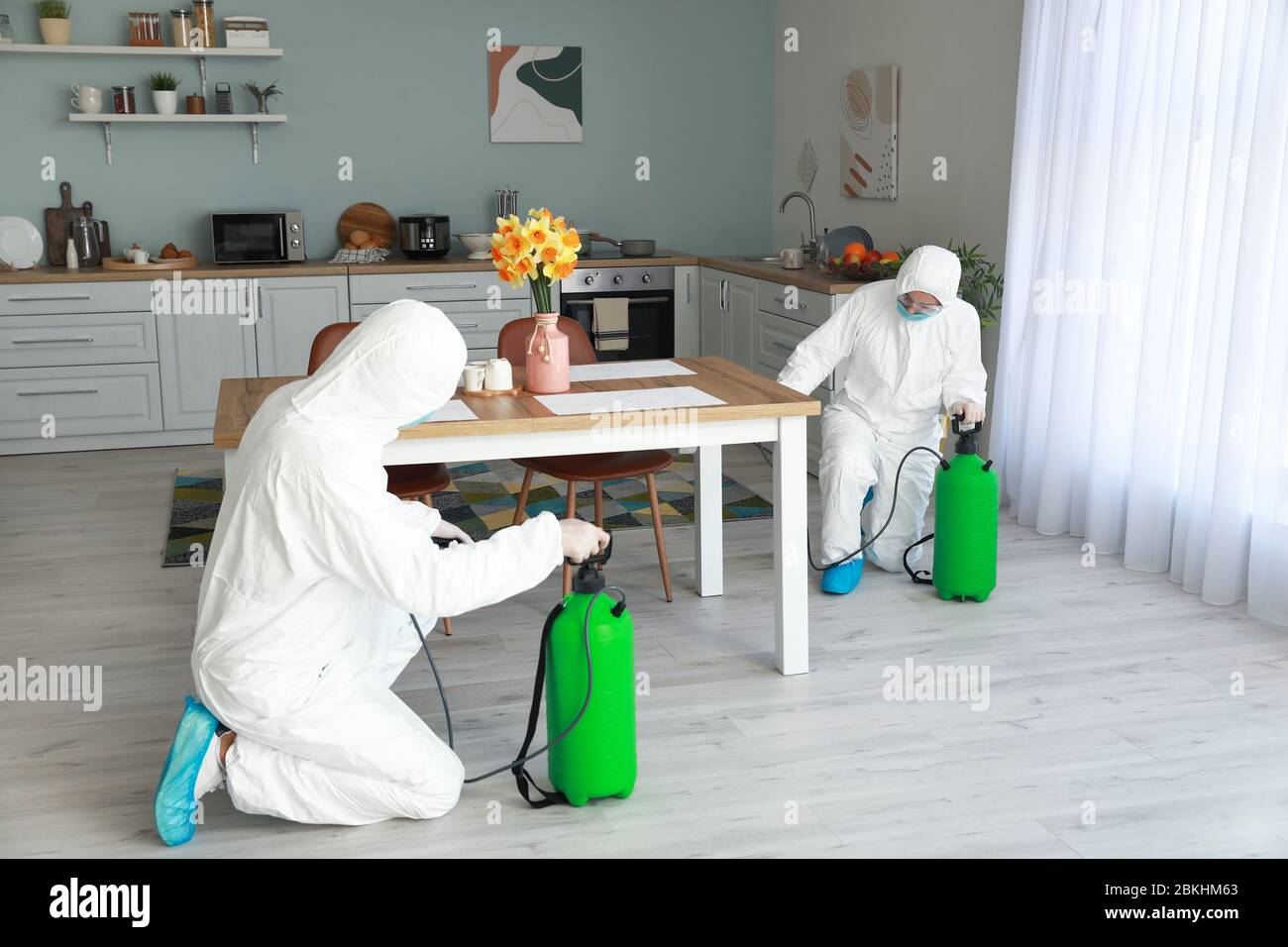 Workers in biohazard suits disinfecting house Stock Photo